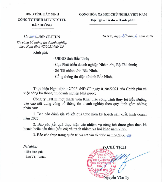 Công bố thông tin doanh nghiệp theo Nghị định 47/2021/NĐ-CP (Ngày 25/6/2026)