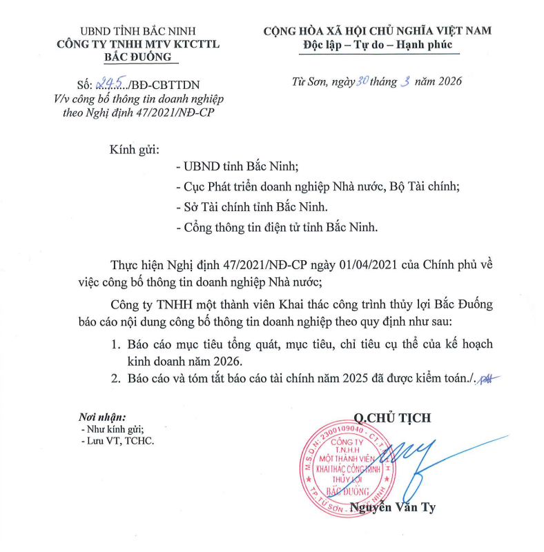 Công bố thông tin doanh nghiệp theo Nghị định 47/2021/NĐ-CP (Ngày 30/3/2026)